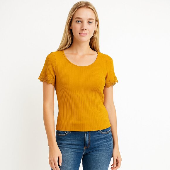 2/$30 ALYA Crochet Short Sleeve Rib-knit Tee Mustard Small #A0335 TRB2 - Picture 1 of 7
